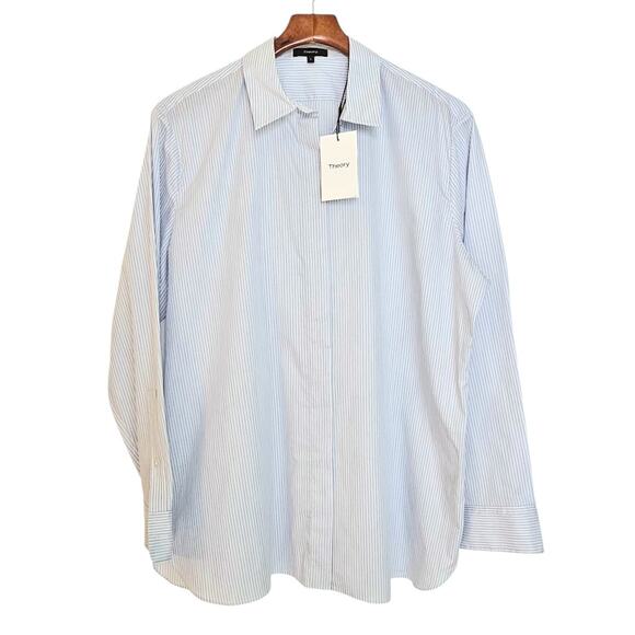 Theory NWT White & Blue Multi Katsu Stripe Classic Menswear Button Down Shirt - Picture 3 of 9